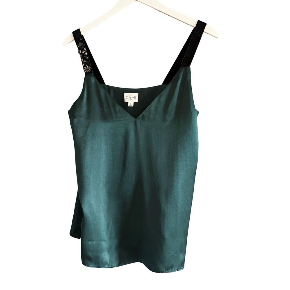 CAMI NYC Silk Beaded Strap Camisole Dark Green Embellished Size S